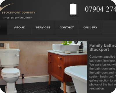 Stockport Joinery home page showing logo, phone number and a bathroom picture
