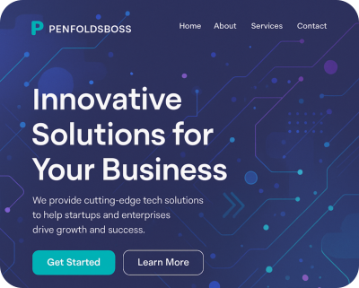 Mock up of a webpage designed by PenfoldsBoss. Blue technology style background, PenfoldsBoss heading.